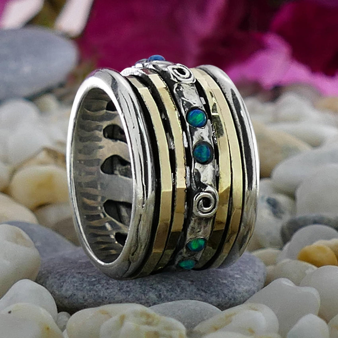 Handmade Blue Opal Stone Spinner Ring – 9k Gold & Silver Gemstone Ring