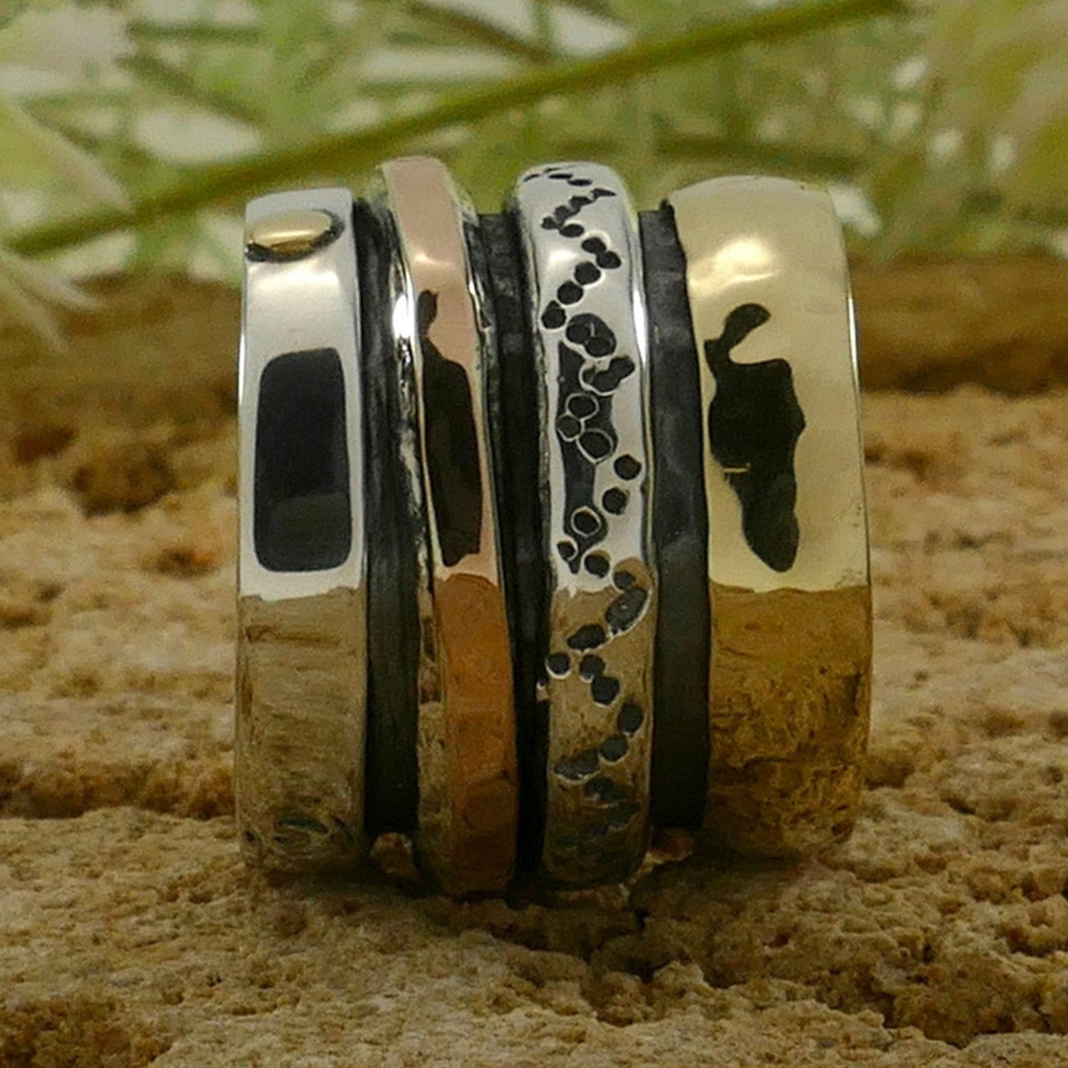 Handmade large Spinner Ring Two Tone Solid 9 karat Yellow and Rose Gold and 925 Sterling Silver