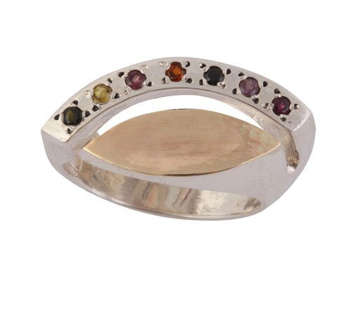 Natural Multi-Color Tourmaline Gemstone Statement Ring Two Tone Solid 9k Yellow Gold &amp; 925 Sterling Silver