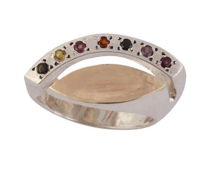 Natural Multi-Color Tourmaline Gemstone Statement Ring Two Tone Solid 9k Yellow Gold &amp; 925 Sterling Silver