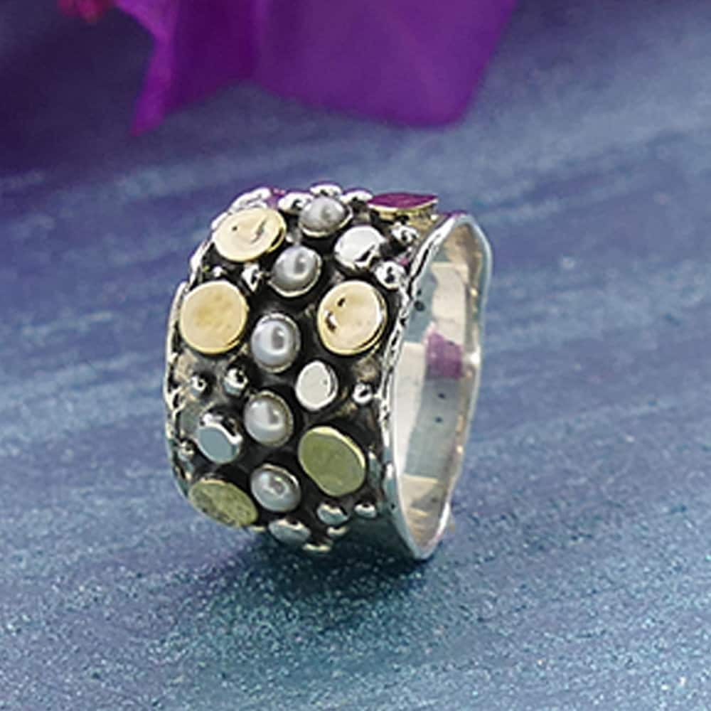 Mixed metal ring White Pearl Gemstone Two Tone Solid 9k Yellow Gold and 925 Sterling Silver Statement Ring Gemstone ring