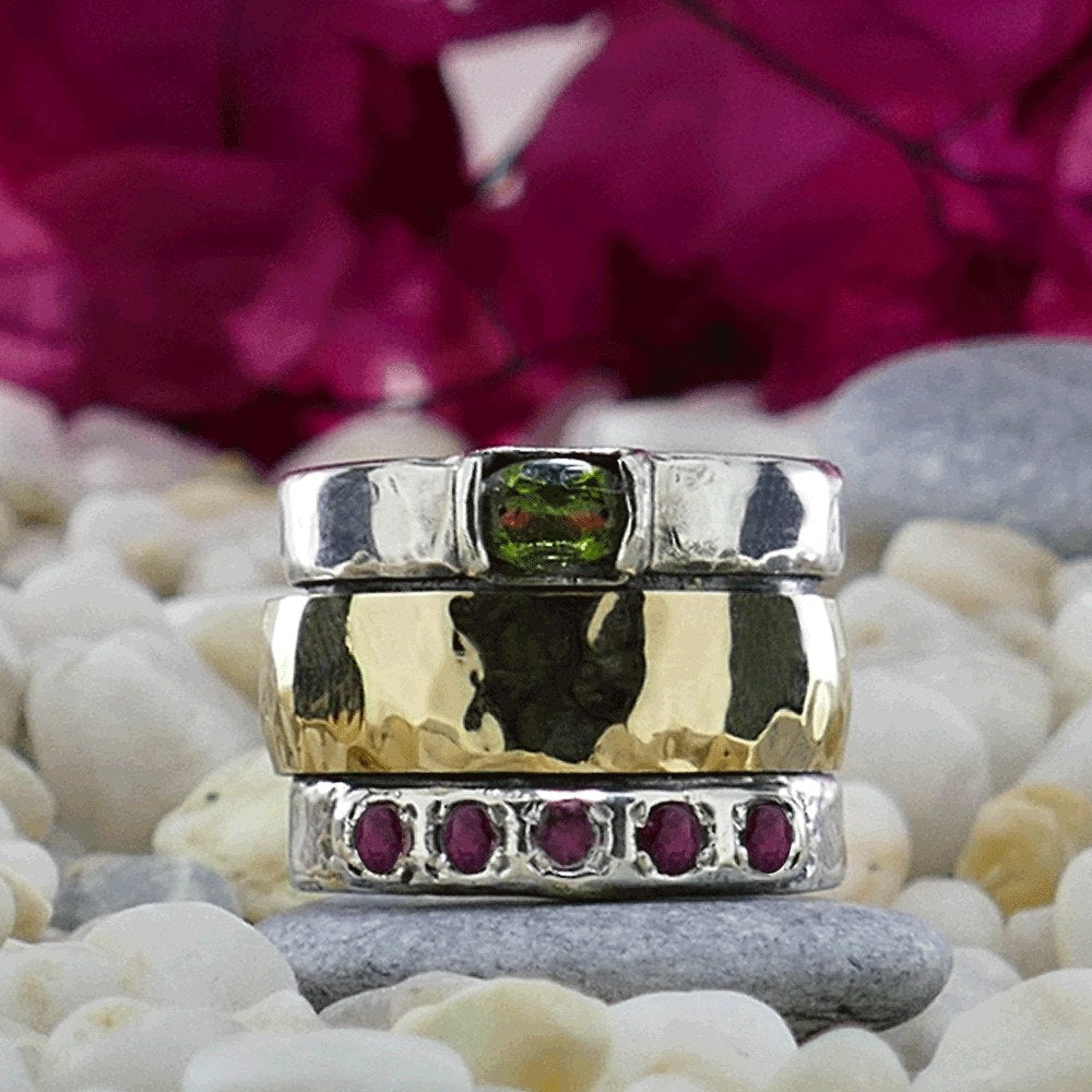 Tourmaline Gemstones Two Tone Solid 9k Yellow Gold &amp; 925 Sterling Silver Spinner Ring Main Stone: Tourmaline Main Stone Creation: Natural Total Carat Weight (TCW): 0.95 Thickness mm: 2 Hight Above The Finger mm: 4 Width mm: 13 Weight gr.: 14.2