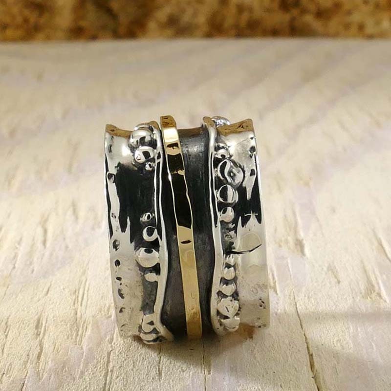 SPIRA Handcrafted Contemporary Design Two Tone Solid 9k Yellow Gold &amp; 925 Sterling Silver Spinner Ring,Wide two tone ring,Unique unisex ring