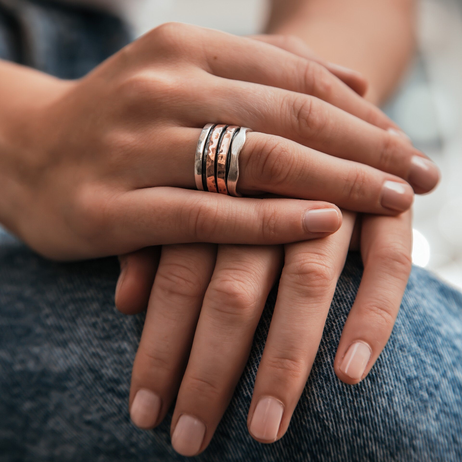 SPIRA Handcrafted Spinner Ring Contemporary Design Two Tone Solid 9k Rose Gold And 925 Sterling Silver, Gypsy ring, Bohemian ring, Boho ring