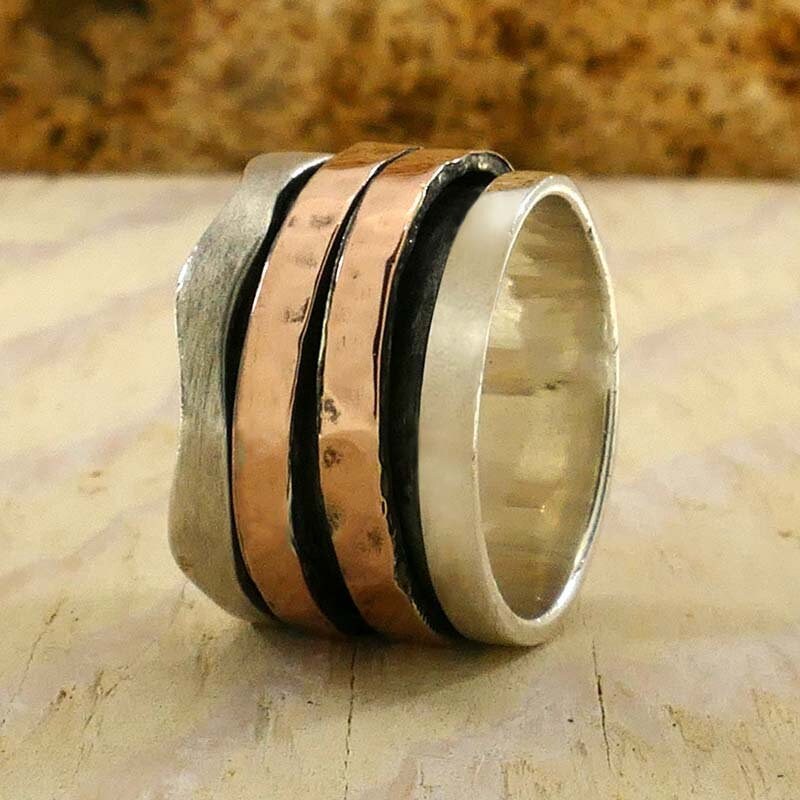 SPIRA Handcrafted Spinner Ring Contemporary Design Two Tone Solid 9k Rose Gold And 925 Sterling Silver, Gypsy ring, Bohemian ring, Boho ring