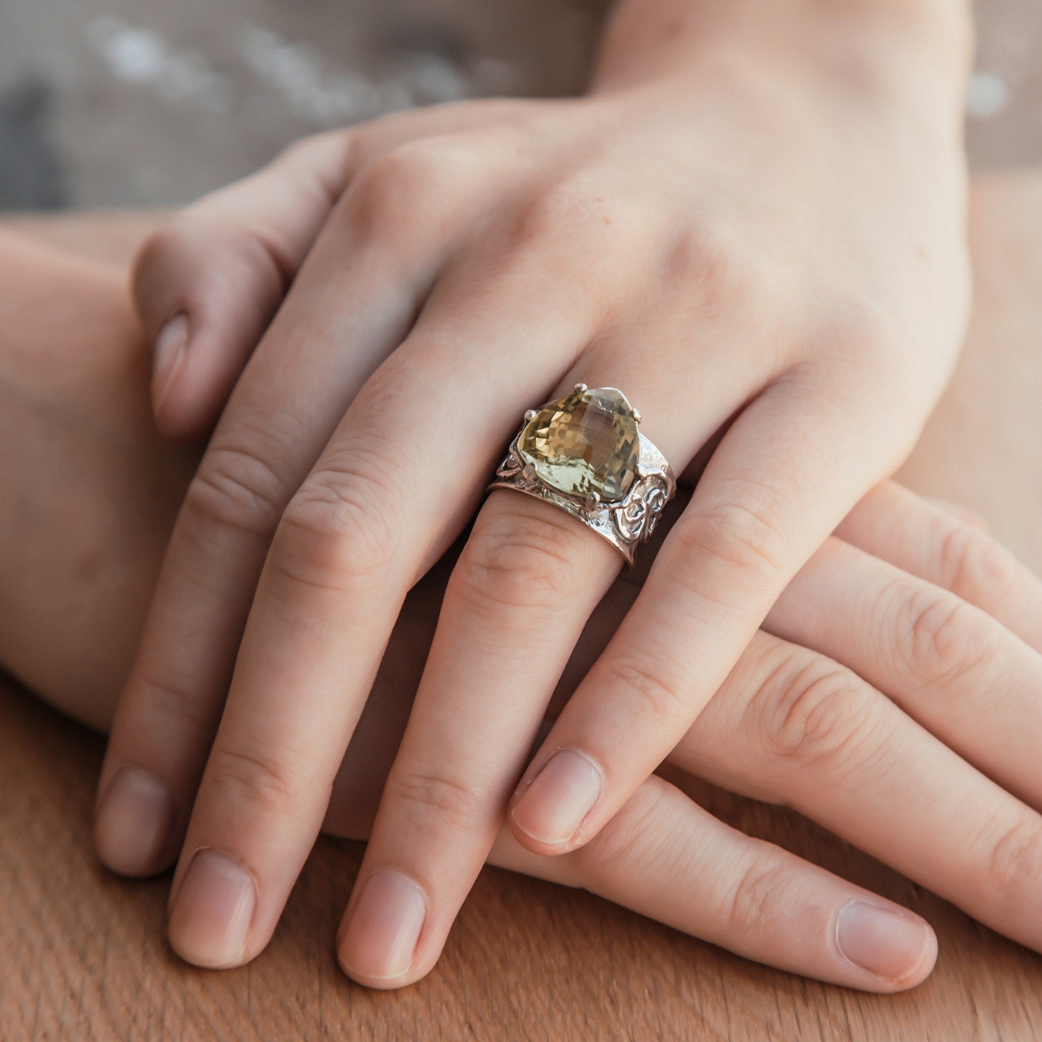 Lemon Quartz Silver Ring 9.6Carat Natural Yellow Lemon Quartz Gemstone 925 Sterling Silver Unique Handmade Solitaire Ring Setting Gypsy ring