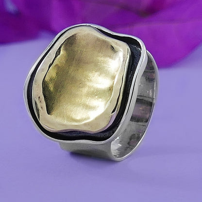 SPIRA Handcrafted Two Tone Solid 9k Yellow Gold And 925 Sterling Silver Statement Ring Mixed metal ring Bohemian ring