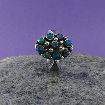 Unique Vintage Blue Opal Statement Ring 925 Oxidied Sterling Silver