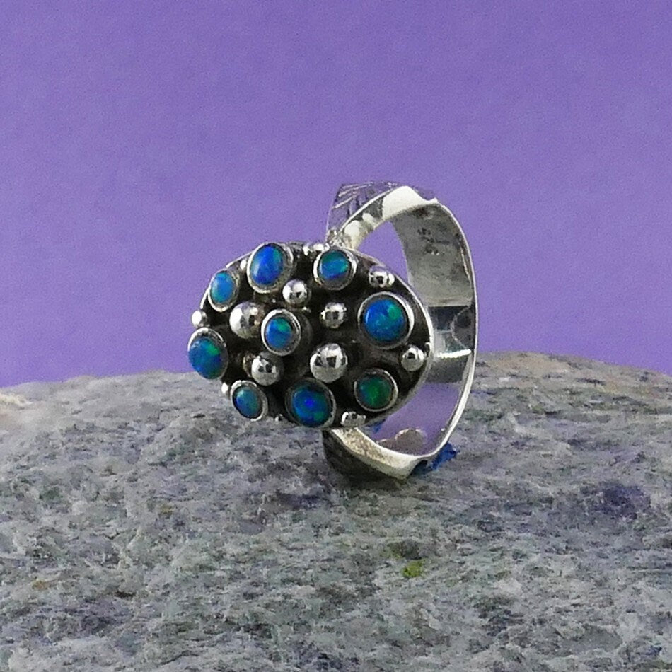 Unique Vintage Blue Opal Statement Ring 925 Oxidied Sterling Silver