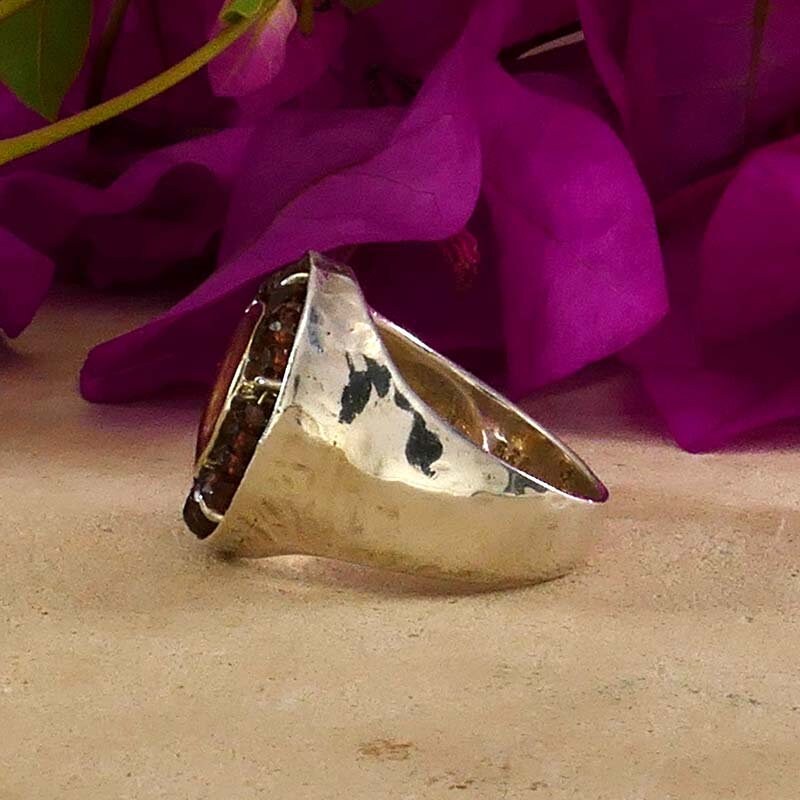 Handmade Red Garnet Statement Ring Two Tone Solid 9 karat Yellow Gold and 925 Sterling Silver