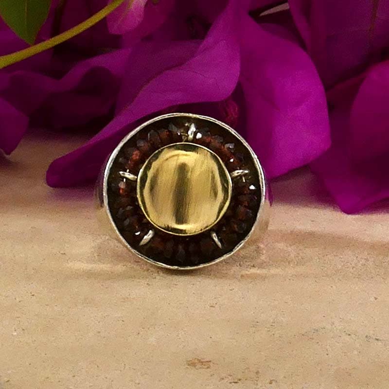 Handmade Red Garnet Statement Ring Two Tone Solid 9 karat Yellow Gold and 925 Sterling Silver