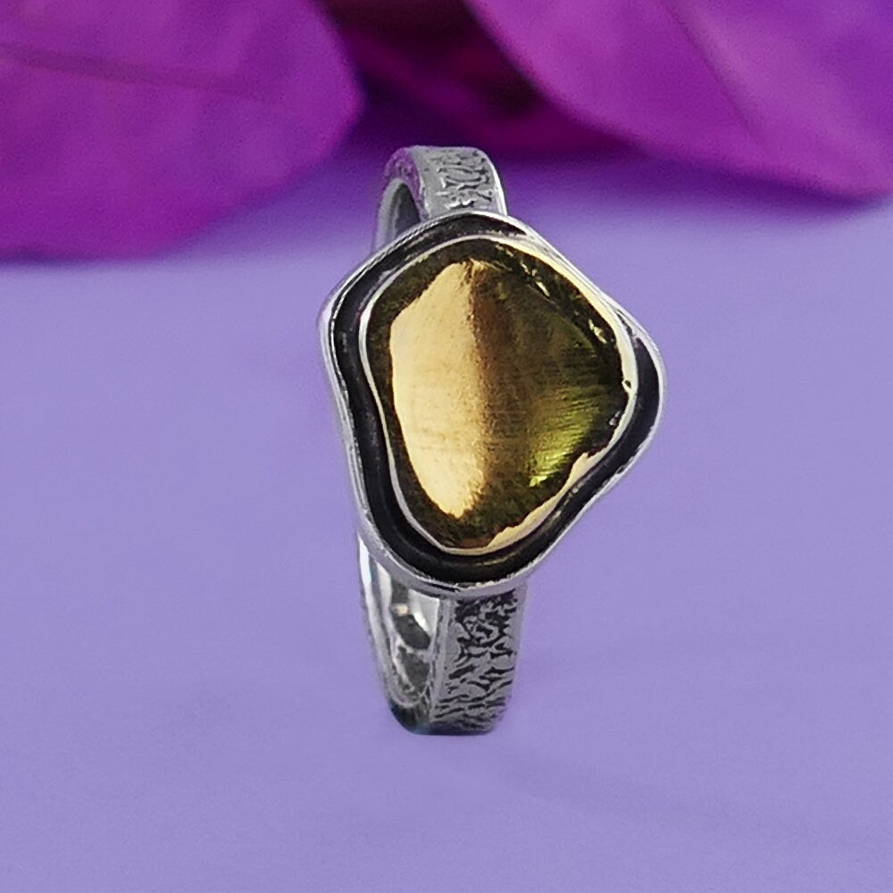 SPIRA Handcrafted Contemporary Design Two Tone Solid 9k Yellow Gold And 925 Sterling Silver Statement Ring Mixed metal ring Bohemian ring