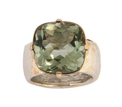 Two-Tone Silver &amp; Gold Solitaire Ring, Natural Green Amethyst Gemstone, Mixed Metal Ring