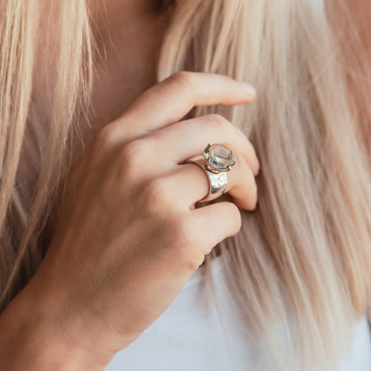 Two-Tone Silver &amp; Gold Solitaire Ring, Natural Green Amethyst Gemstone, Mixed Metal Ring