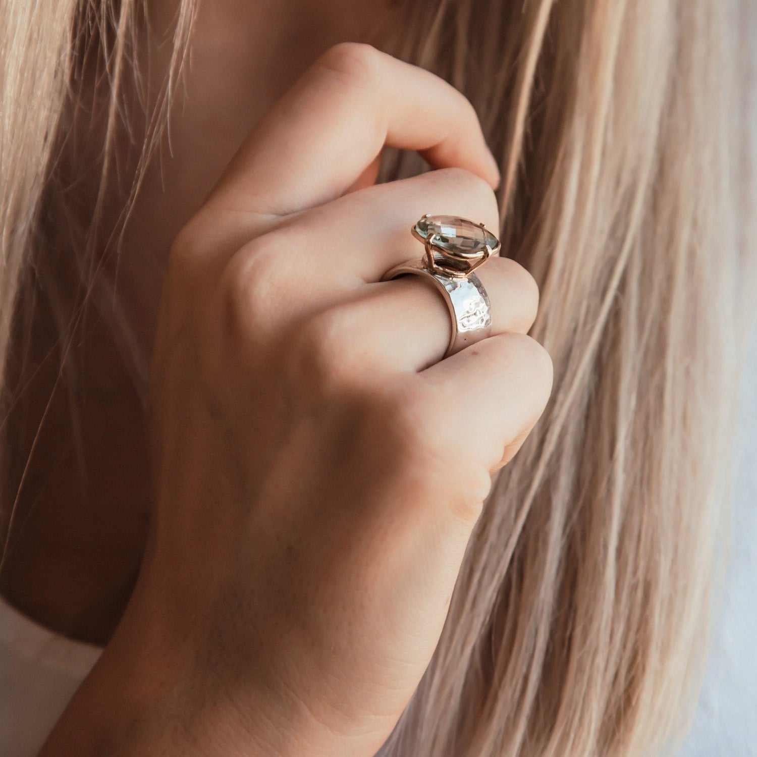 Two-Tone Silver &amp; Gold Solitaire Ring, Natural Green Amethyst Gemstone, Mixed Metal Ring