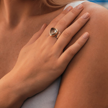 Gilded Serenity: Silver and Gold Ring with Green Amethyst Gemstone, Statement Ring