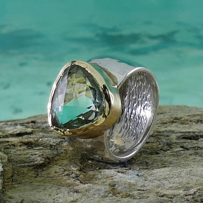 Gilded Serenity: Silver and Gold Ring with Green Amethyst Gemstone, Statement Ring