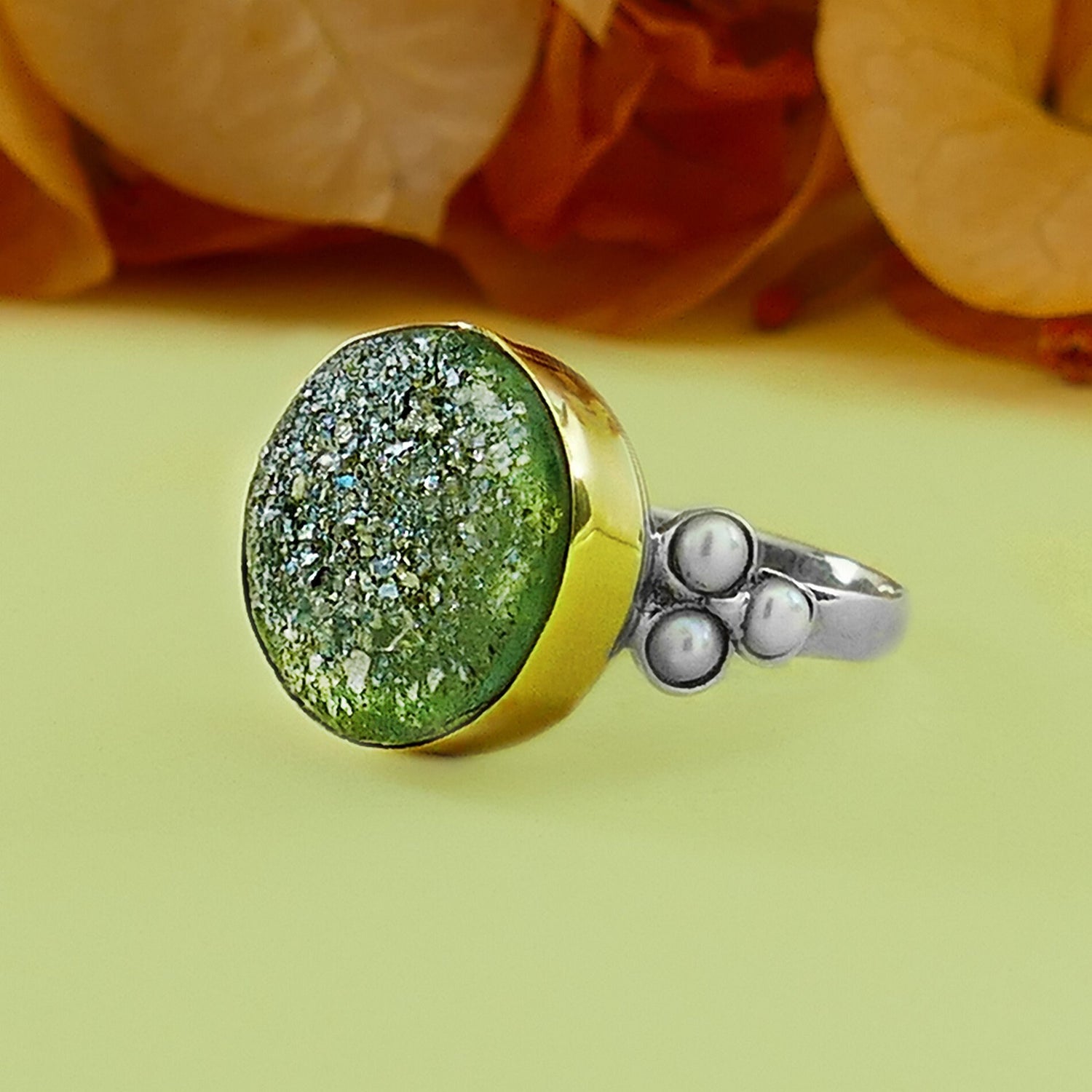 Green Acient Roman Glass Statement Ring Two Tone Solid 9 karat Yellow Gold and 925 Sterling Silver Ring White Pearl accents