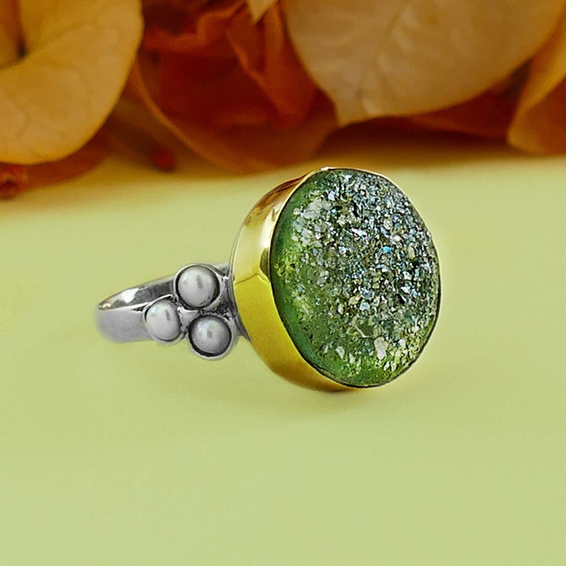 Green Acient Roman Glass Statement Ring Two Tone Solid 9 karat Yellow Gold and 925 Sterling Silver Ring White Pearl accents