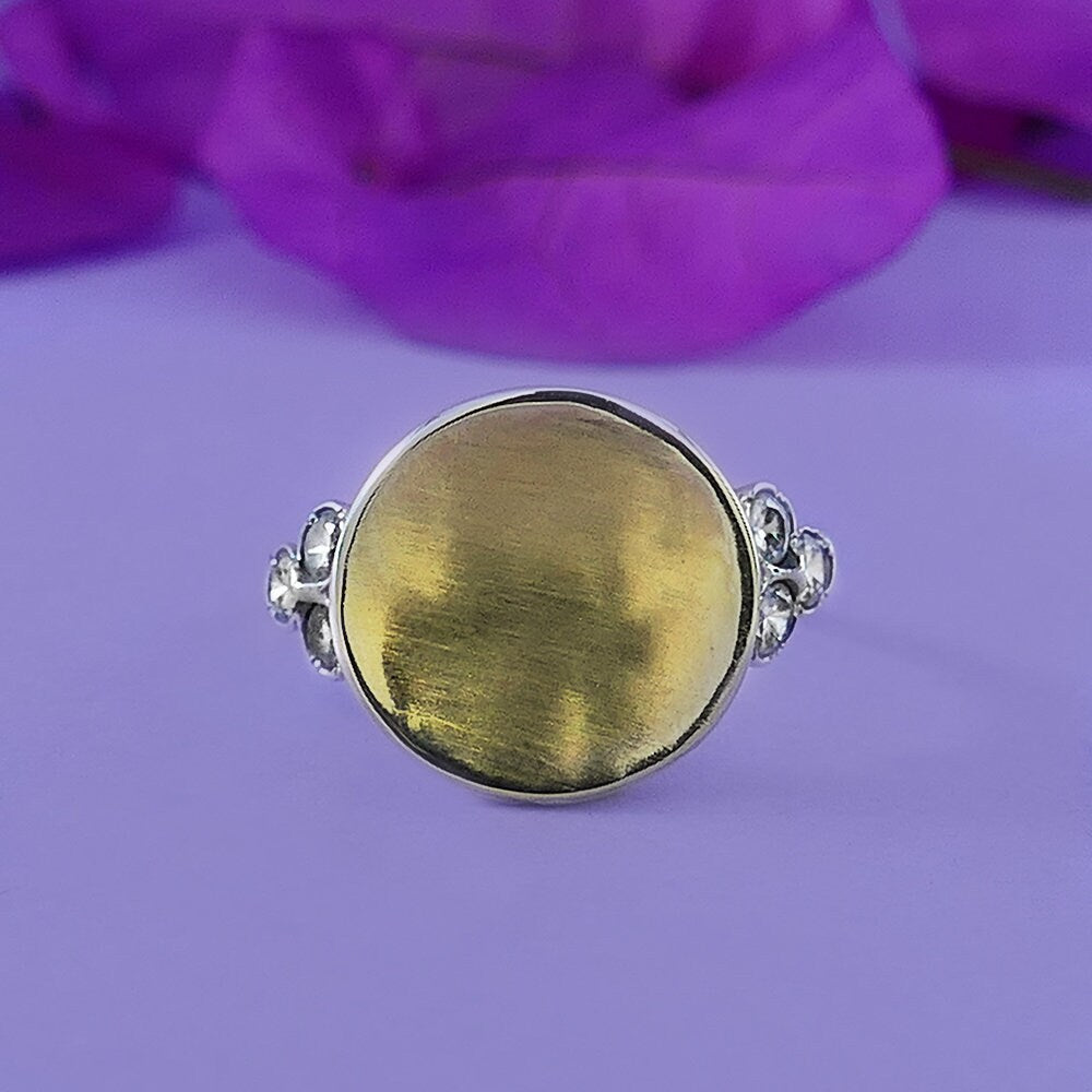 Hand made Two Tone Statment ring Solid 9 karat Yellow Gold and 925 Sterling Silver Cubic Zirconia setting