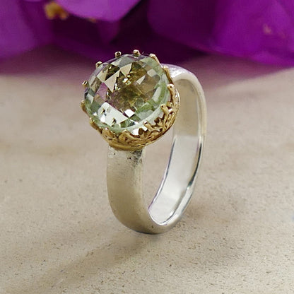 3.5 Carat Natural Green Amethyst Gemstone Two Tone Solid 9k Yellow Gold &amp; 925 Sterling Silver Solitaire Ring Gemstone ring,Mixed metal ring