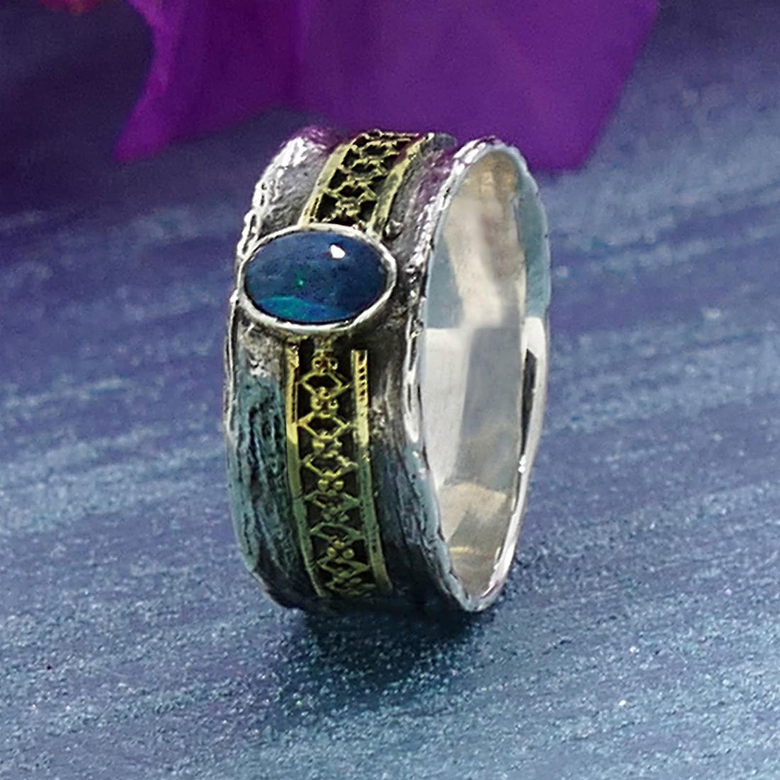 Blue Opal Stone Two Tone Solid 9k Yellow Gold &amp; 925 Sterling Silver Solitaire Ring