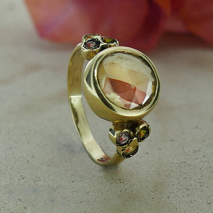 3.8 Carat Natural Yellow Citrine And Multi-Color Tourmaline Gemstones Solid 14k Yellow Gold Solitaire with Accents Ring Gemstone ring