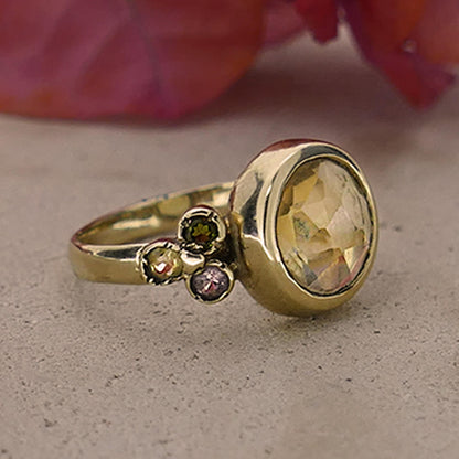 3.8 Carat Natural Yellow Citrine And Multi-Color Tourmaline Gemstones Solid 14k Yellow Gold Solitaire with Accents Ring Gemstone ring