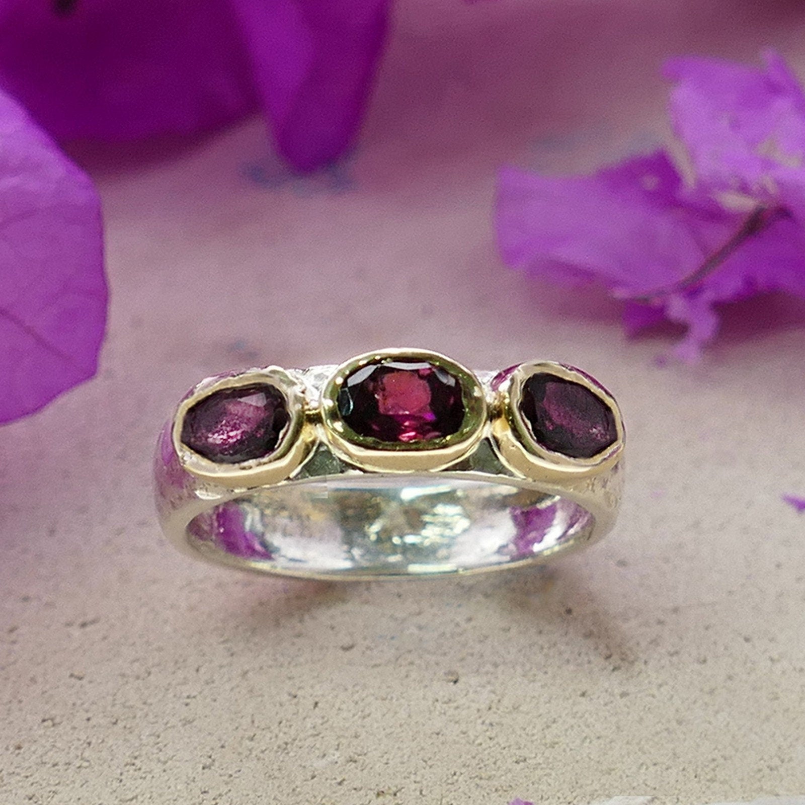 1.2 Carat Natural Pink Tourmaline Gemstone Two Tone Solid 9k Yellow Gold &amp; 925 Sterling Silver Stackable Ring Set Setting, mixed metal ring