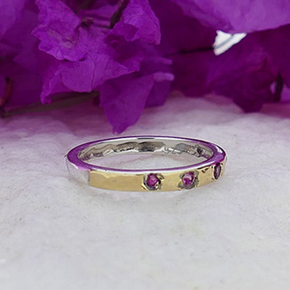 Pink Tourmaline Two Tone Stackable Ring Solid 9 Karar Yellow Gold and 925 Sterling Silver