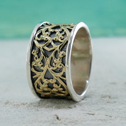 SPIRA Handcrafted Vintage Design Two Tone Solid 9k Yellow Gold And 925 Sterling Silver Band Ring