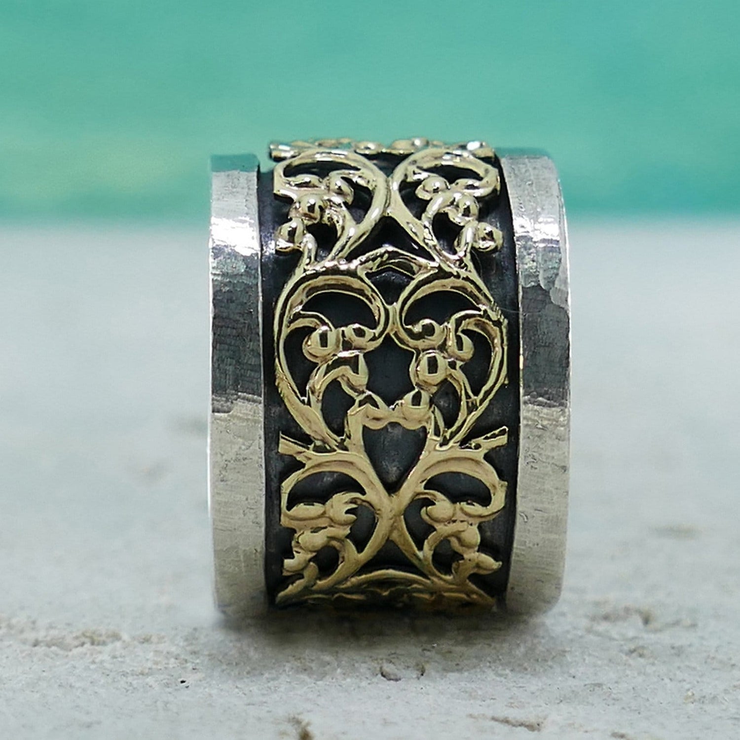 SPIRA Handcrafted Vintage Design Two Tone Solid 9k Yellow Gold And 925 Sterling Silver Statement Ring, Unique unisex ring, Mixed metal ring