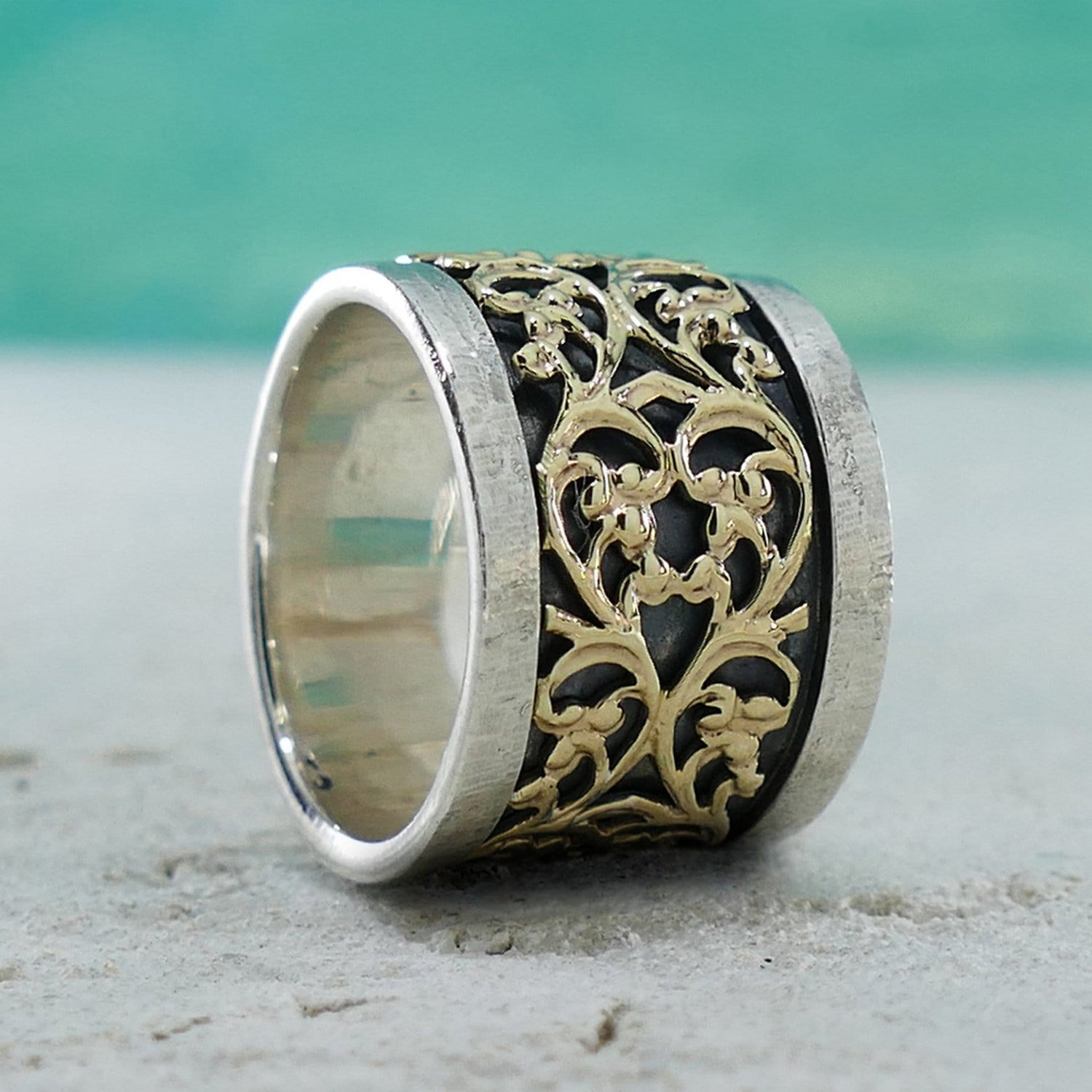 SPIRA Handcrafted Vintage Design Two Tone Solid 9k Yellow Gold And 925 Sterling Silver Statement Ring, Unique unisex ring, Mixed metal ring