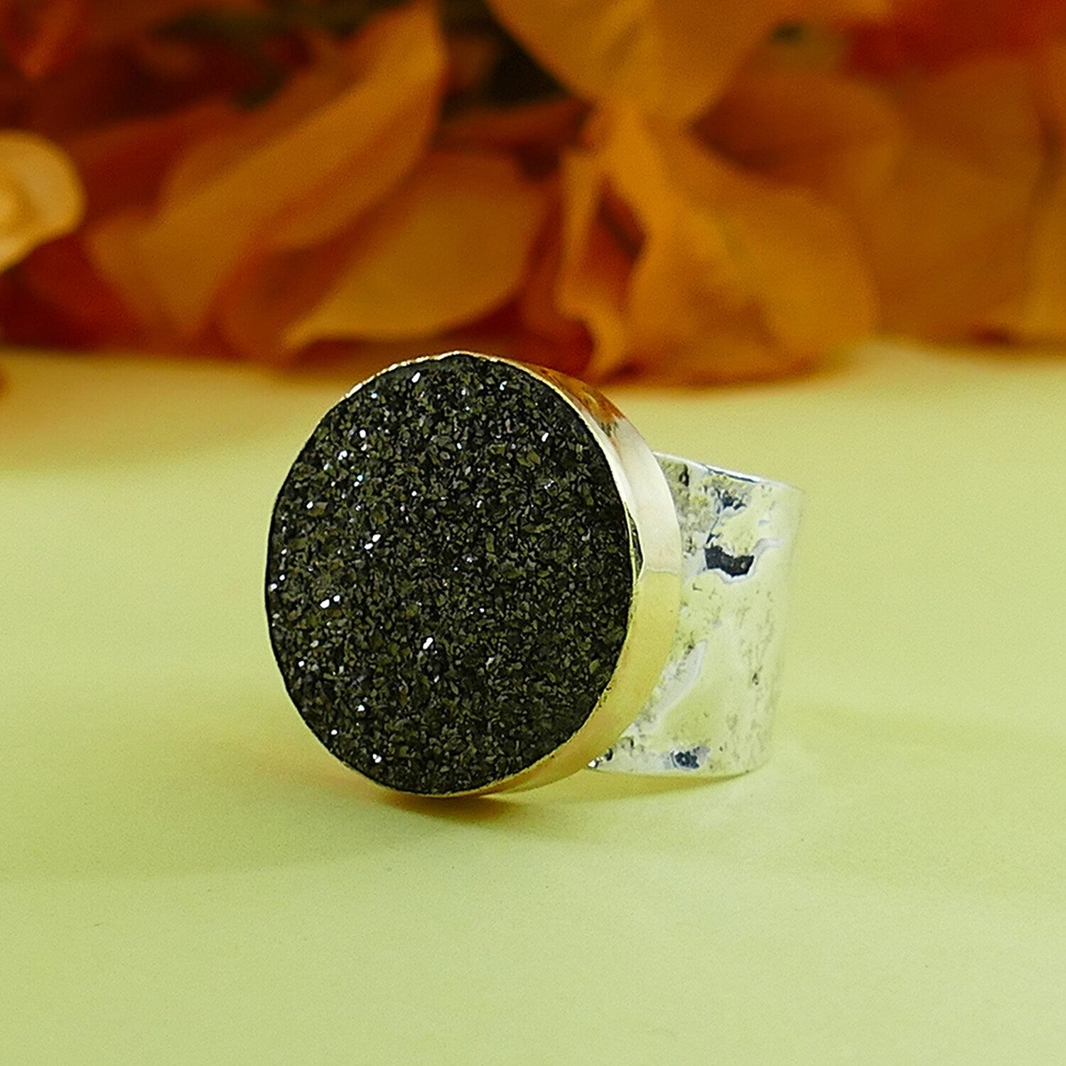 Natural crystal quartz Large Statement Two Tone Ring Gray Agate Druzy Stone Solid 9 karat Yellow Gold and 925 Sterling Silver