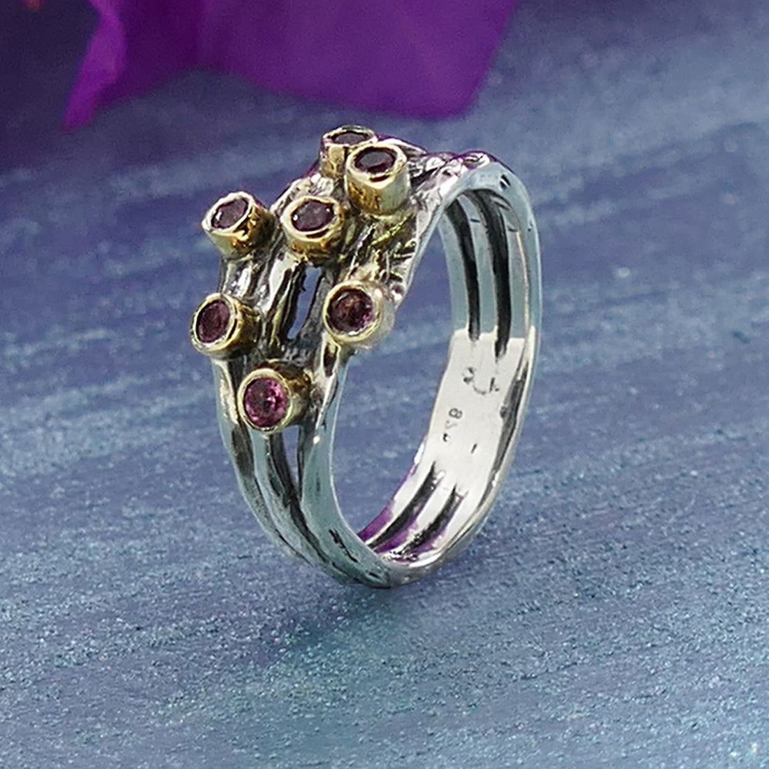 Natural Pink Tourmaline Two Tone Solid 9k Yellow Gold and 925 Sterling Silver Statement Ring