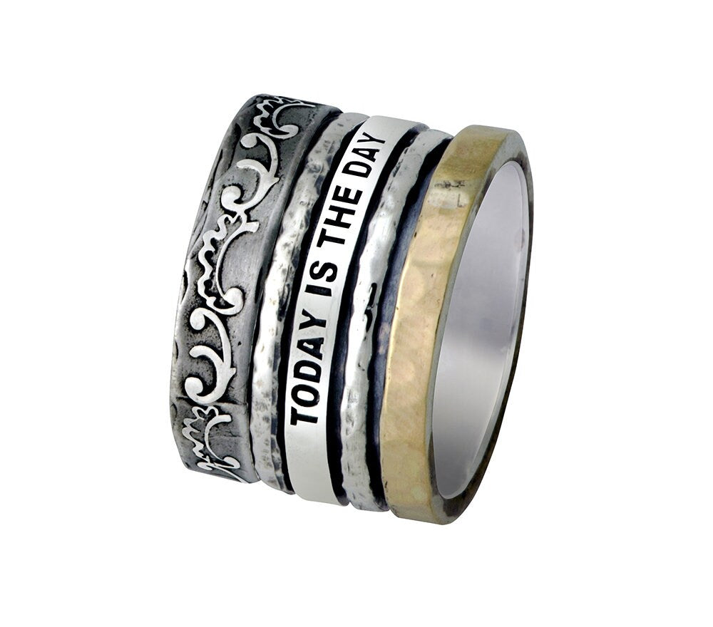 Unique Two Tone Spinner Ring Solid 9 karat Yellow Gold And 925 Sterling Silver