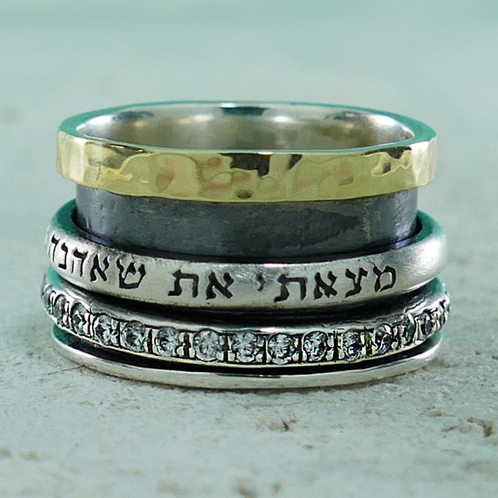 Mix Metal Jewish Spinner Ring Two Tone Solid 9k Yellow Gold and 925 Sterling Silver