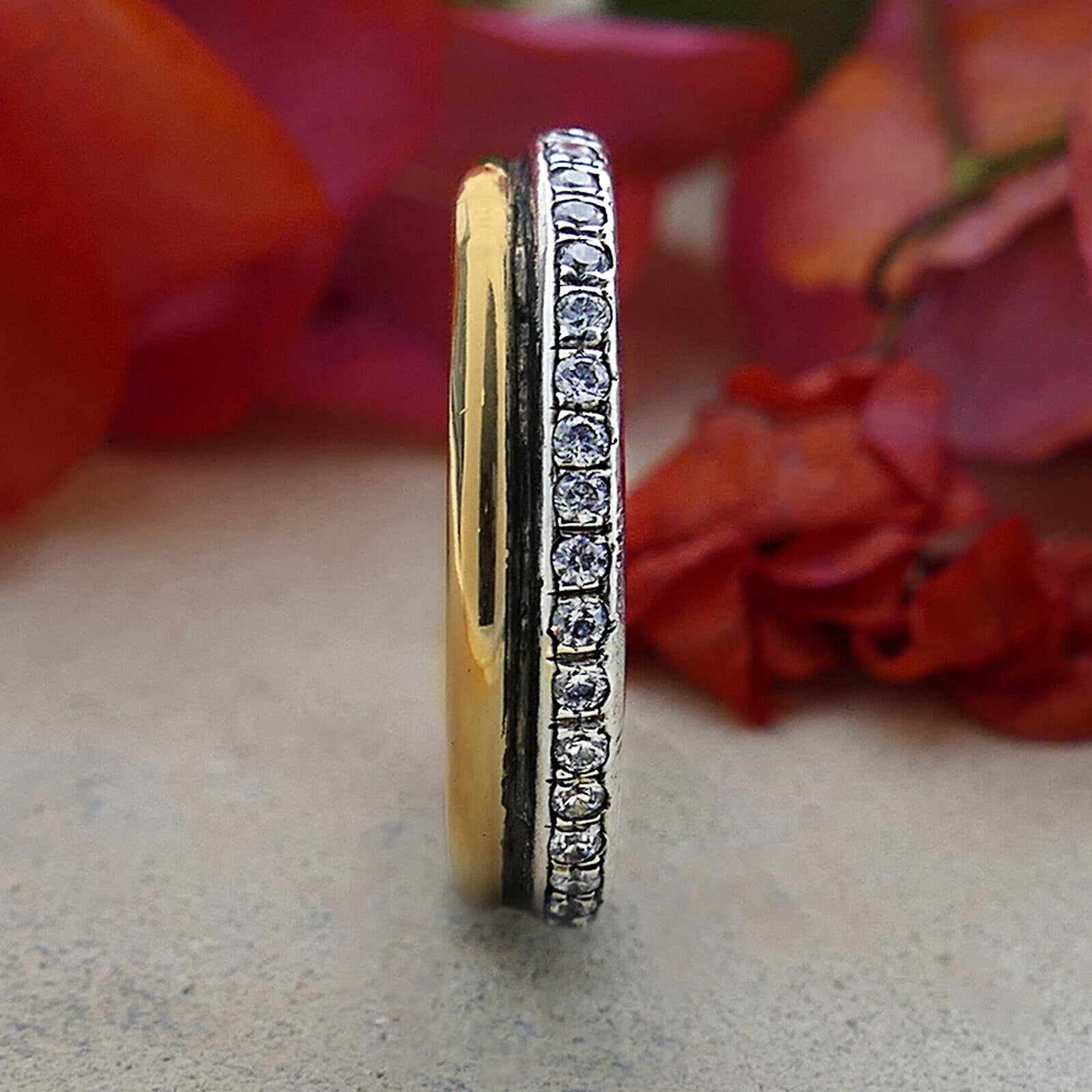 Engagement ring Two Tone Solid 9k Yellow Gold &amp; 925 Sterling Silver Band 3.2 Carat White Cubic Zirconia Stone Ring Setting, Mixed metal ring