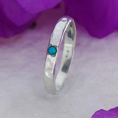 925 Sterling Silver Hammered Stackable Ring Set with Blue Opal Stone, Minimalist Ring