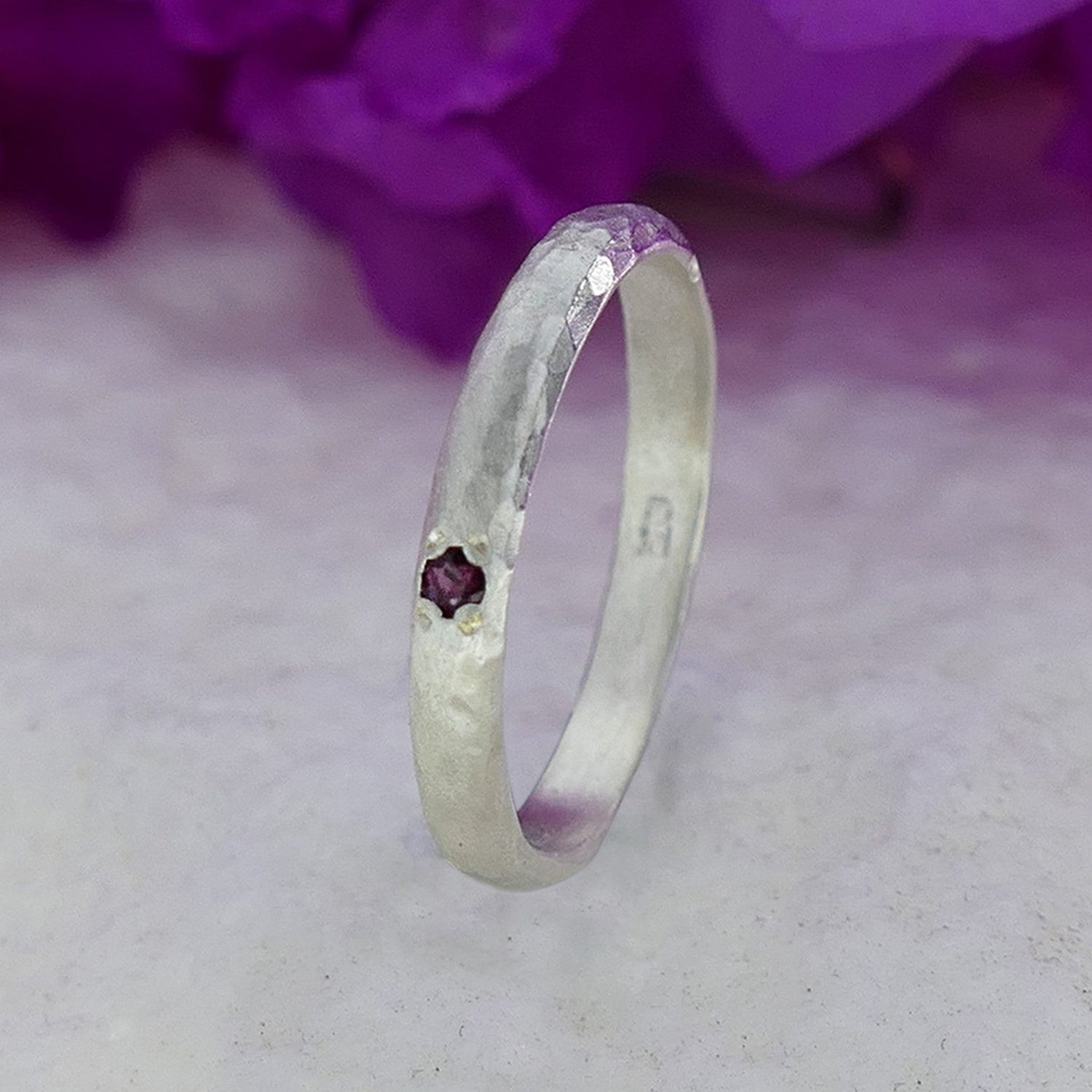 Hammered Stackable Ring 925 Sterling Silver Natural Red Garnet Gemstone,Minimalist Ring