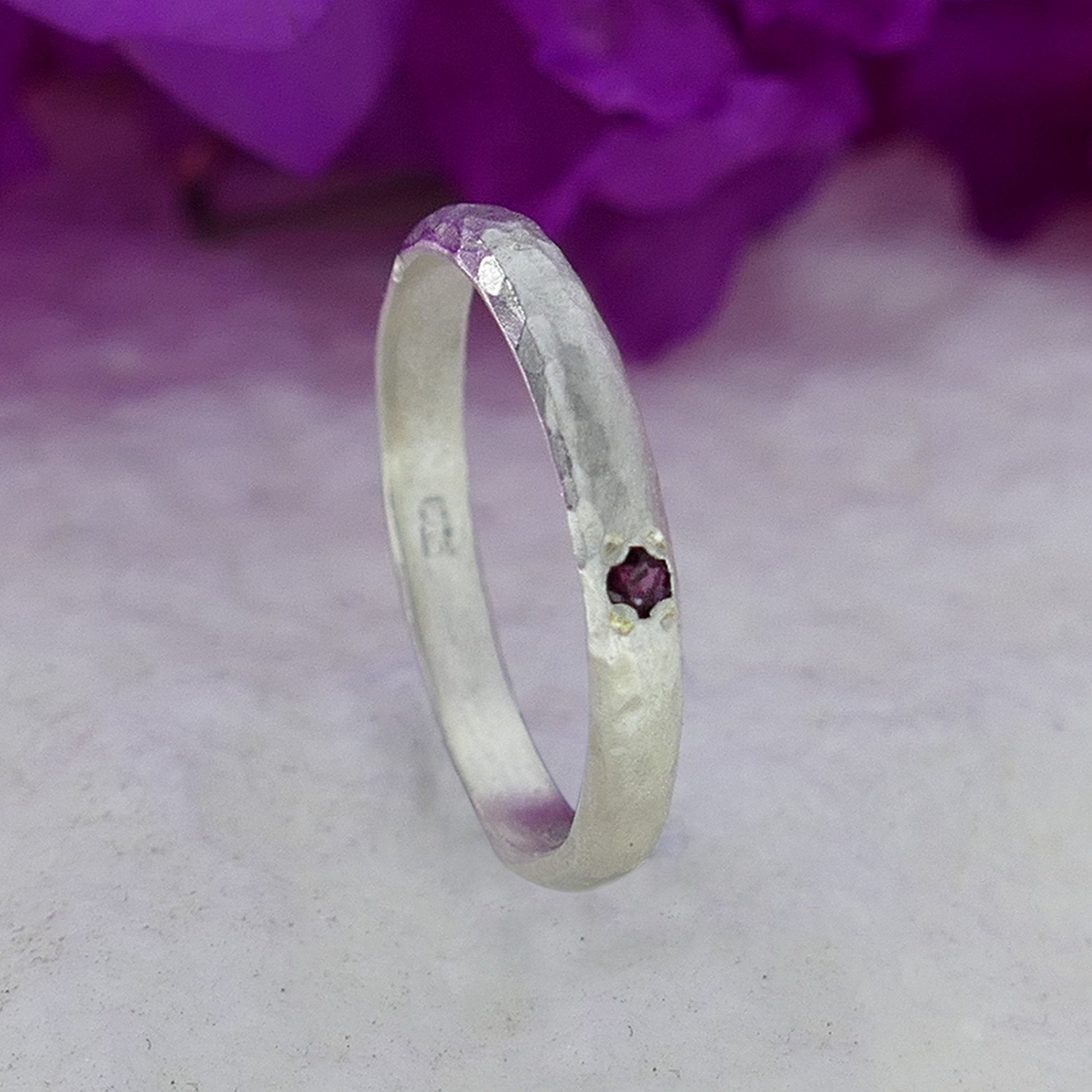 Hammered Stackable Ring 925 Sterling Silver Natural Red Garnet Gemstone,Minimalist Ring