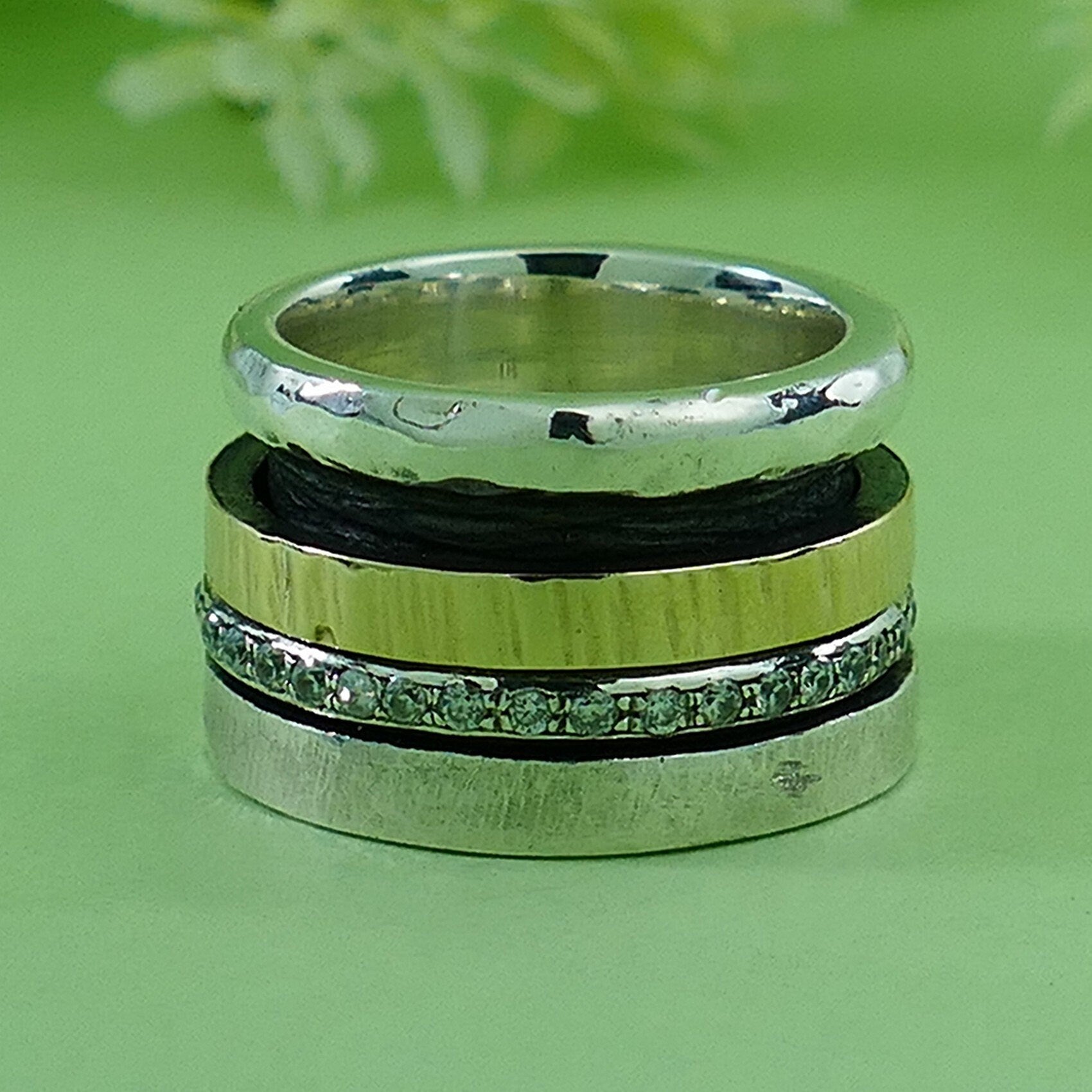 Mixed Metal 925 sterling Silver Spinner Ring Two Tone Solid 9k Yellow Gold