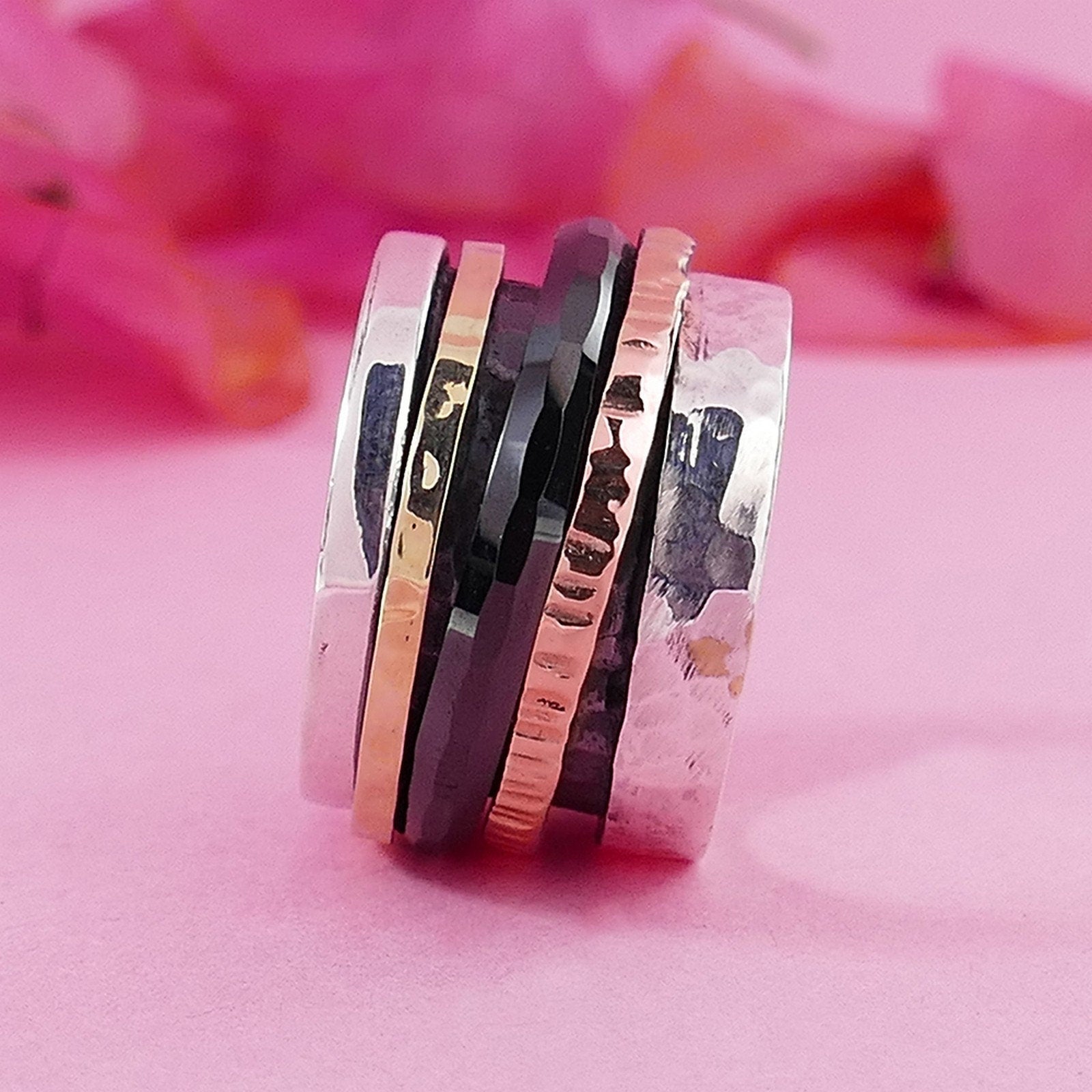 Unique Handcrafted Black Ceramic Silver Spinner Ring Two Tone Solid 9k Yellow and Rose Gold 925 Sterling Silver