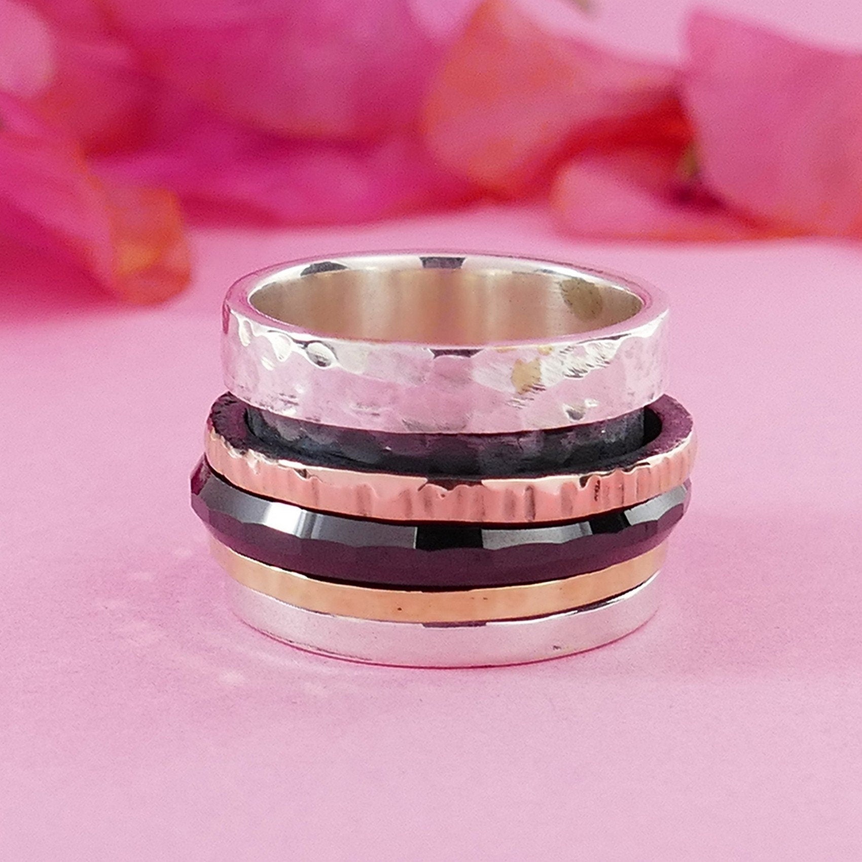 Unique Handcrafted Black Ceramic Silver Spinner Ring Two Tone Solid 9k Yellow and Rose Gold 925 Sterling Silver