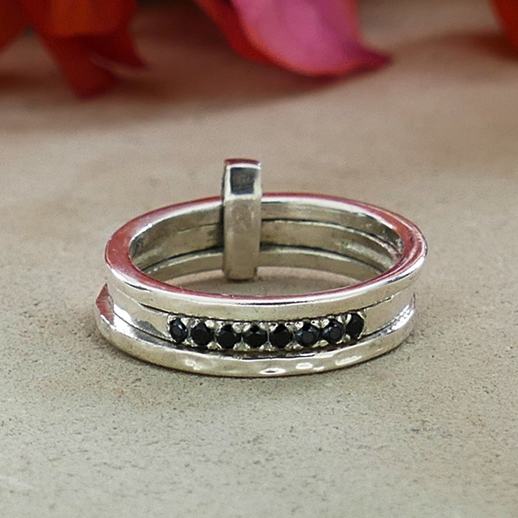 Handmade Stackable Ring 925 Sterling Silver Natural Black Spinel Gemstone