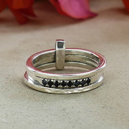 Handmade Stackable Ring 925 Sterling Silver Natural Black Spinel Gemstone