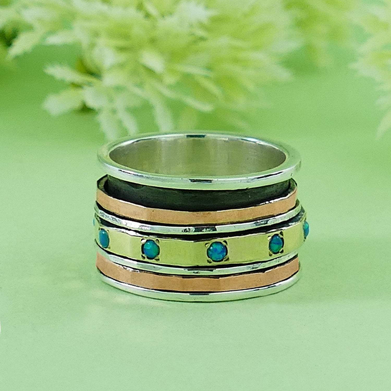 Two Tone Solid 9k Yellow and Rose Gold 925 Sterling Silver Spinner Ring 0.3 Carat Blue Opal Stone Set Setting, Oxidized Silver, Fidget ring