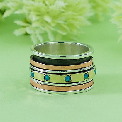 Two Tone Solid 9k Yellow and Rose Gold 925 Sterling Silver Spinner Ring 0.3 Carat Blue Opal Stone Set Setting, Oxidized Silver, Fidget ring