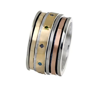 Multi-Color Diamond Two Tone 925 Silver Spinner Ring with Solid 9 karat Yellow and Rose Gold