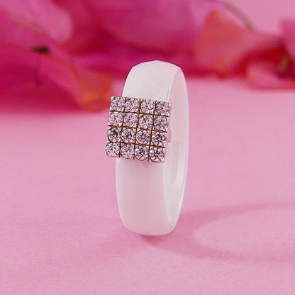 Unique White Ceramic 925 Sterling Silver Statement Ring Cubic Zirconia Stone